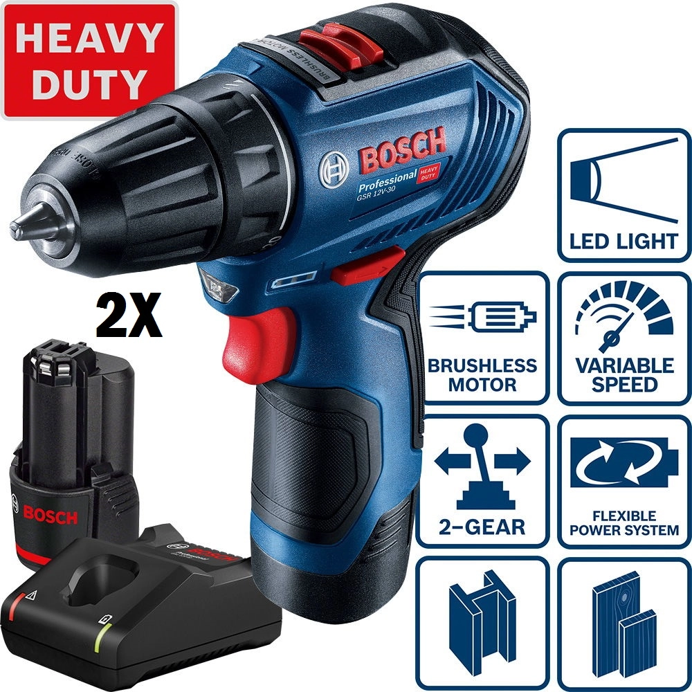 Акумулаторен винтоверт BOSCH GSR 12V-30 12 V, 2бр х 2 Ah батерии, безчетков