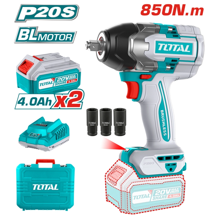 Акумулаторен ударен безчетков гайковерт TOTAL INDUSTRIAL, 20 V, 2 x 4 Ah 850/1000Nm