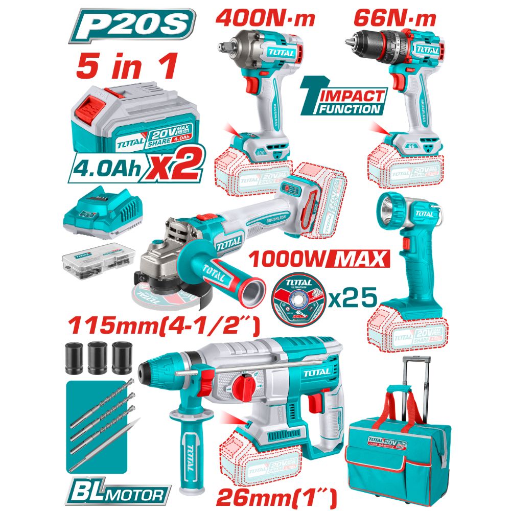 Комплект акумулаторни инструменти TOTAL INDUSTRIAL, 5в1, 20 V, 2 x 4 Ah
