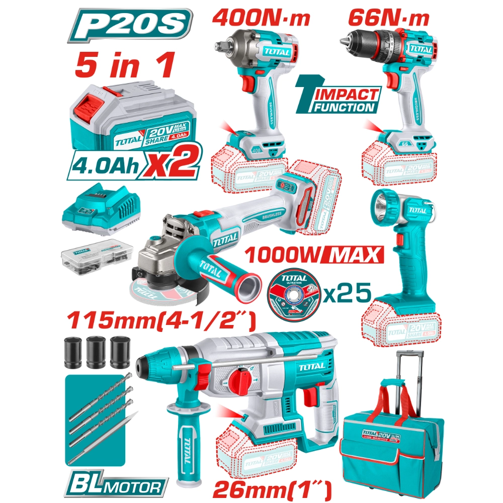 Комплект акумулаторни инструменти TOTAL INDUSTRIAL, 5в1, 20 V, 2 x 4 Ah
