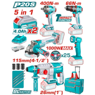 Комплект акумулаторни инструменти TOTAL INDUSTRIAL, 5в1, 20 V, 2 x 4 Ah