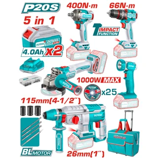 Комплект акумулаторни инструменти TOTAL INDUSTRIAL, 5в1, 20 V, 2 x 4 Ah