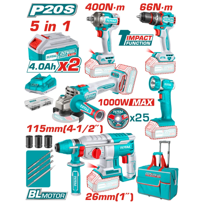 Комплект акумулаторни инструменти TOTAL INDUSTRIAL, 5в1, 20 V, 2 x 4 Ah