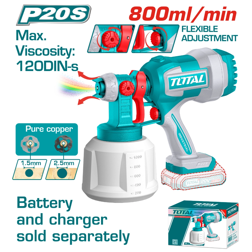 Акумулаторен пистолет за боядисване TOTAL, 20 V, 1 L, без батерия