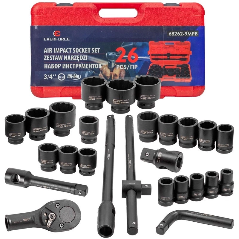 Ударно гедоре комплект EVERFORCE 26 части 12-стен (3/4"-1", 17-65 mm)