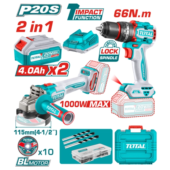 Комплект акумулаторни ъглошлайф и ударен винтоверт TOTAL INDUSTRIAL, 20 V, 2 x 4 Ah