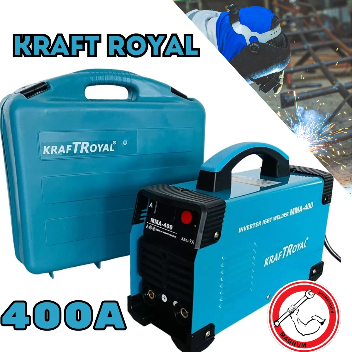 ИНВЕРТОРЕН ЕЛЕКТРОЖЕН 400А С ДИСПЛЕЙ И ПЛАСТМАСОВ КУФАР KRAFTROYAL