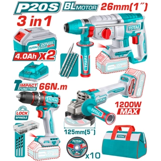 Комплект акумулаторни инструменти TOTAL TOSLI2402028, 3в1, 20 V, 2 x 4 Ah
