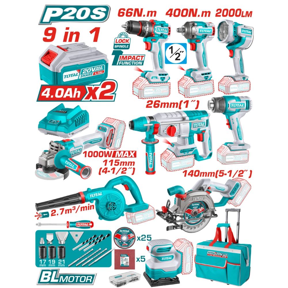 Комплект акумулаторни инструмени TOTAL TOSLI250381E, 9в1, 20 V, 2 x 4 Ah