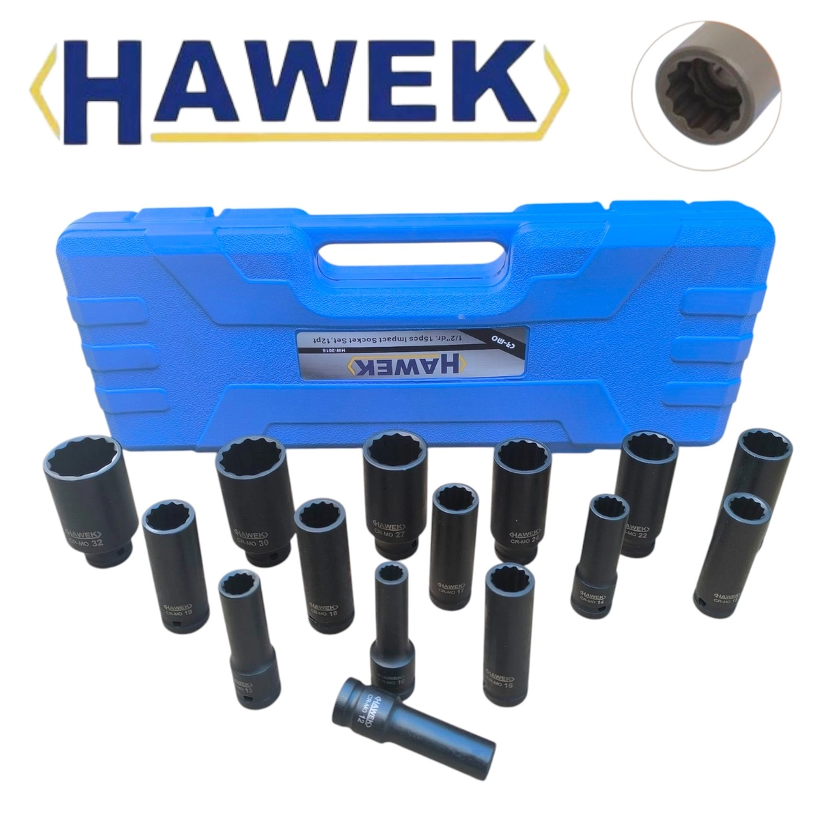 Вложки 1/2″ УДЪЛЖЕНИ 12стенни , 15 ЧАСТИ HAWEK