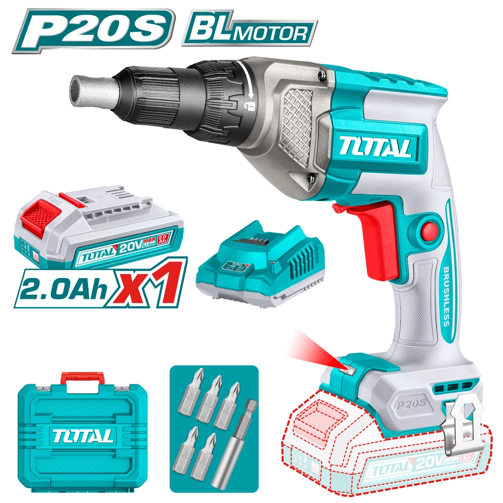 Акумулаторен винтоверт за гипсокартон TOTAL INDUSTRIAL, 20 V, 1 x 2 Ah
