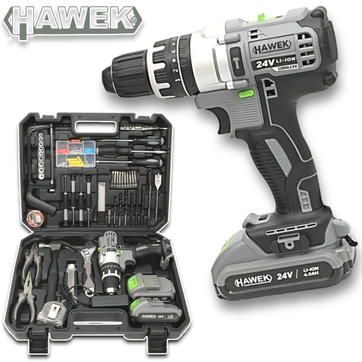 Акумулаторен ударен винтоверт с части HAWEK , 24v 4.0A