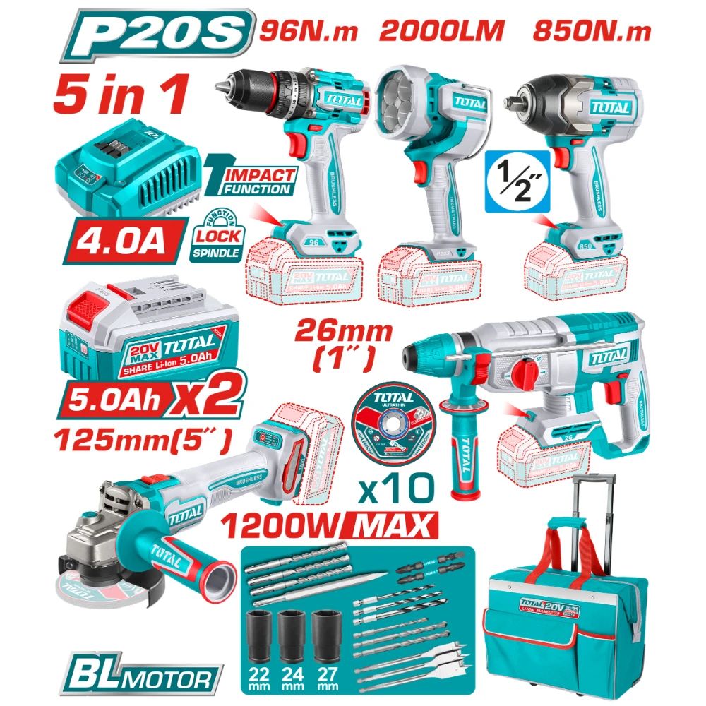 Комплект акумулаторни инструменти TOTAL TCKLI20596, 5в1, 20 V, 2 x 5 Ah