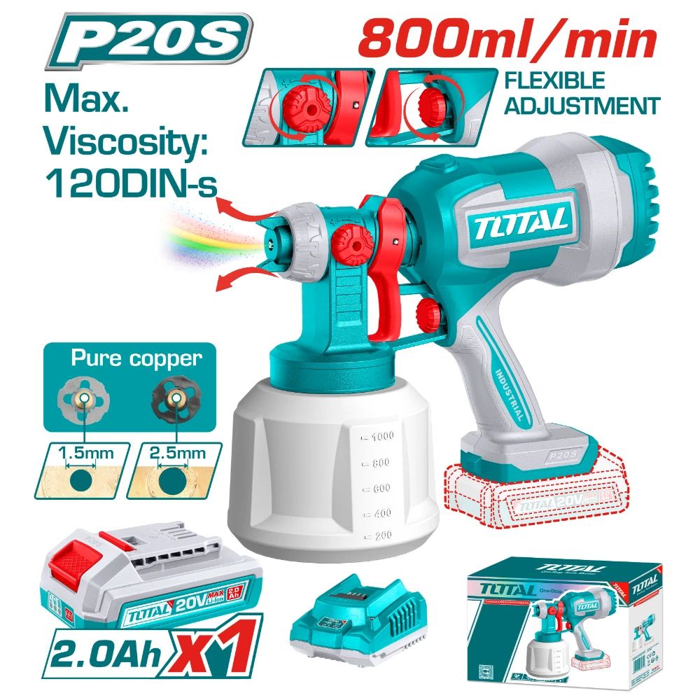 Акумулаторен пистолет за боядисване TOTAL, 20 V, 1 L, 1 x 2 Ah