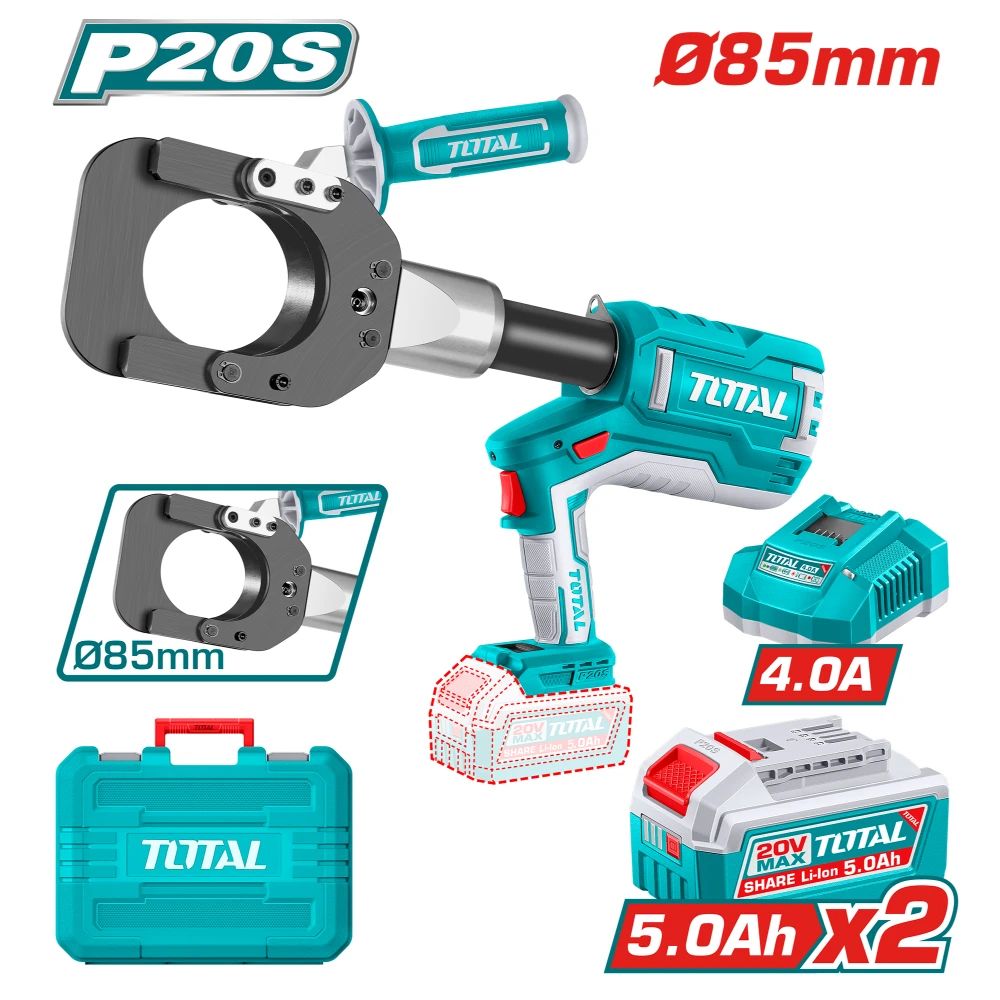 Акумулаторна хидравлична ножица за рязане на кабели TOTAL INDUSTRIAL, 20 V, 2 x 5 Ah