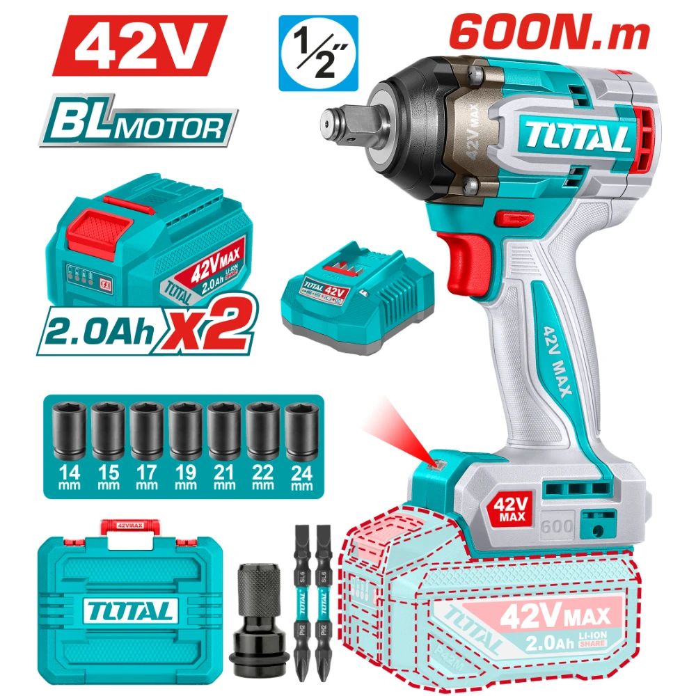 Акумулаторен ударен безчетков гайковерт TOTAL INDUSTRIAL, 1/2", 42 V, 2 х 2 Ah