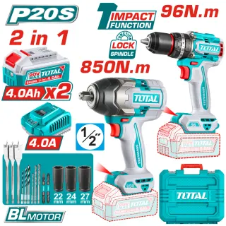 Комплект акумулаторни ударни винтоверт и гайковерт TOTAL, 20 V, 2 x 4 Ah