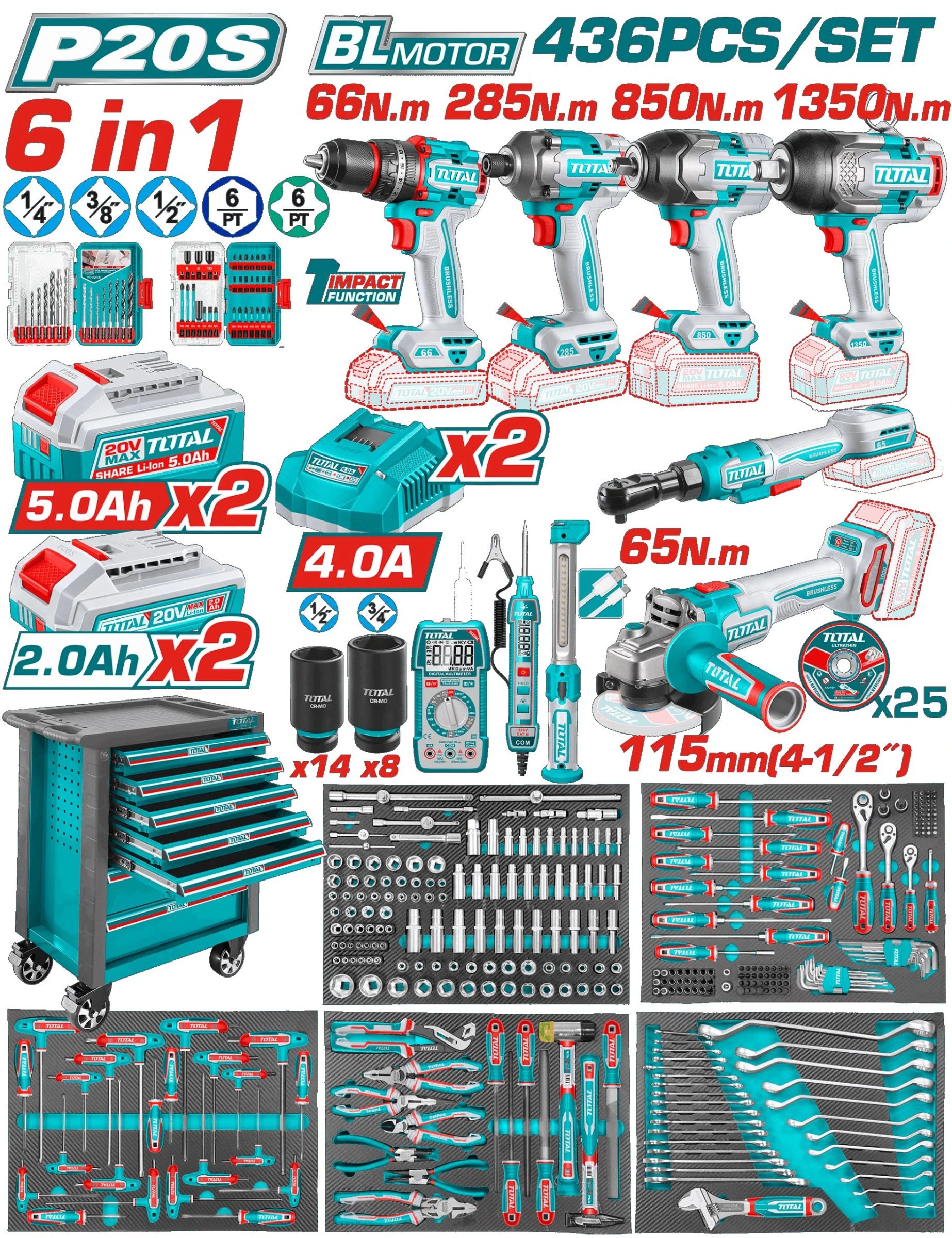 Количка с акумулаторни и ръчни инструменти TOTAL INDUSTRIAL, 436 части