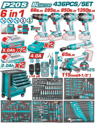 Количка с акумулаторни и ръчни инструменти TOTAL INDUSTRIAL, 436 части