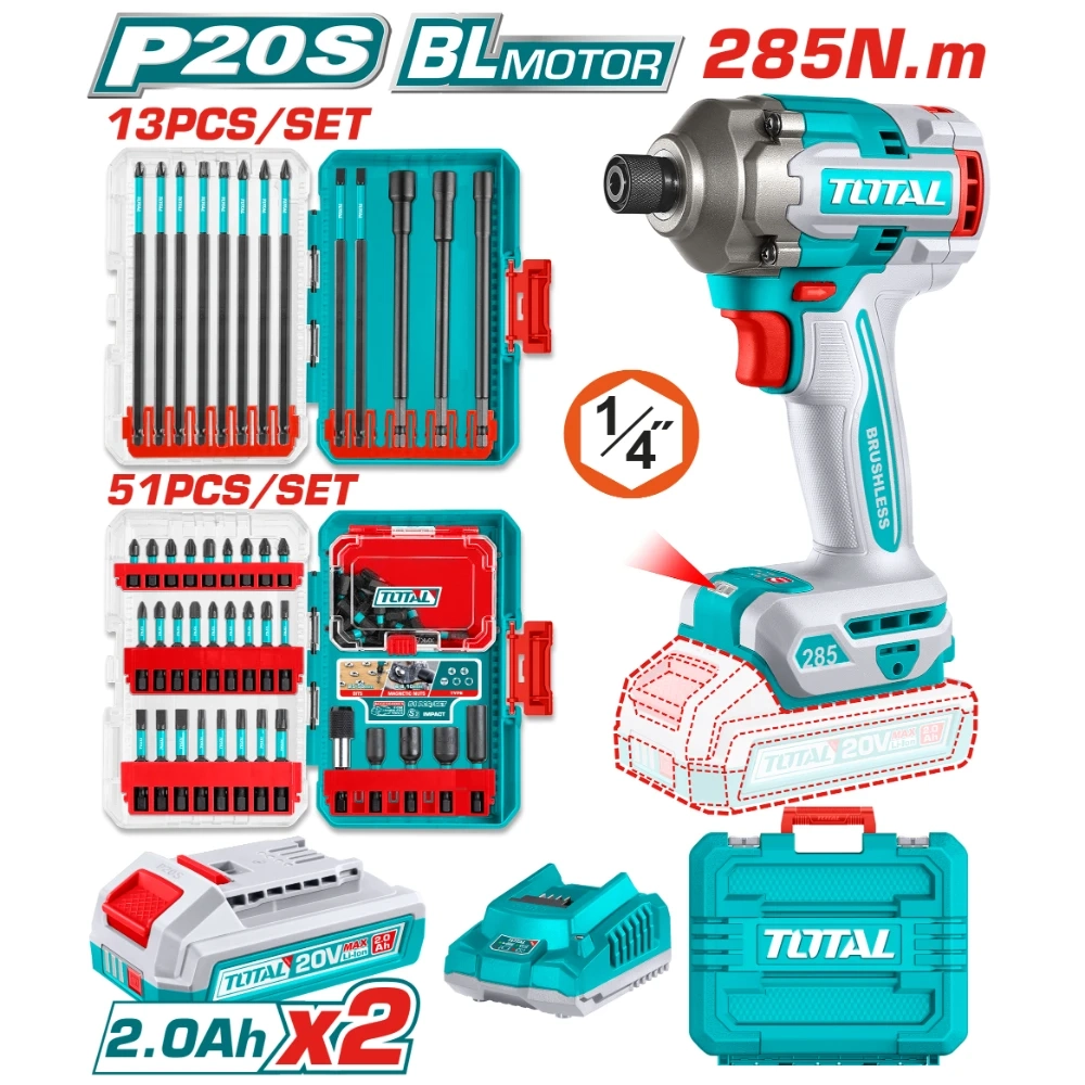 Акумулаторен ударен безчетков винтоверт TOTAL INDUSTRIAL, 1/4", 20 V, 285 Nm, 2 x 2 Ah + битове