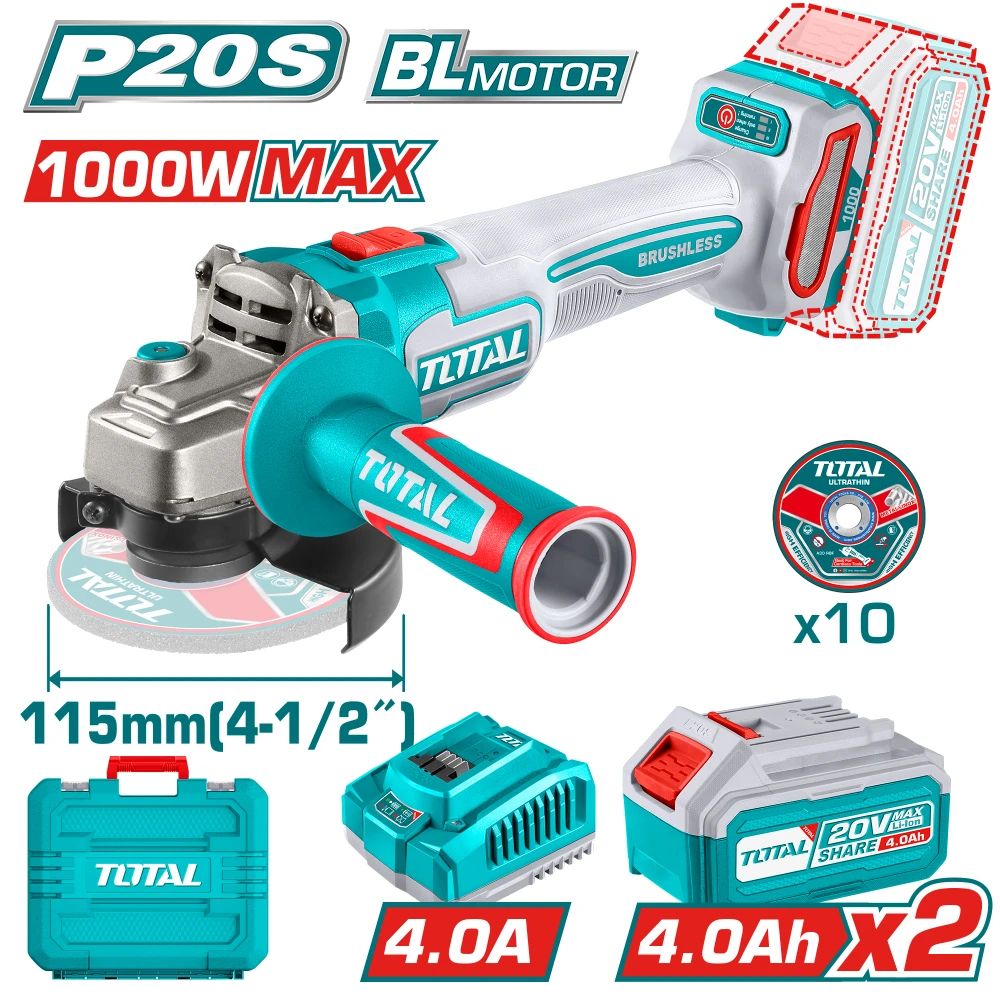 Акумулаторен безчетков ъглошлайф TOTAL TAGLI271532E, 20 V, Ф 115 мм, 2 x 4 Ah